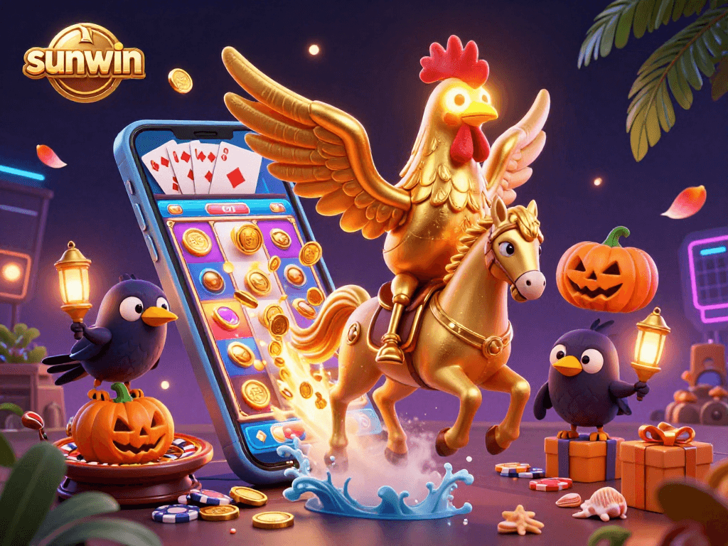 Experience the vibrant sunwin casino scene with a golden rooster and exciting slot games.