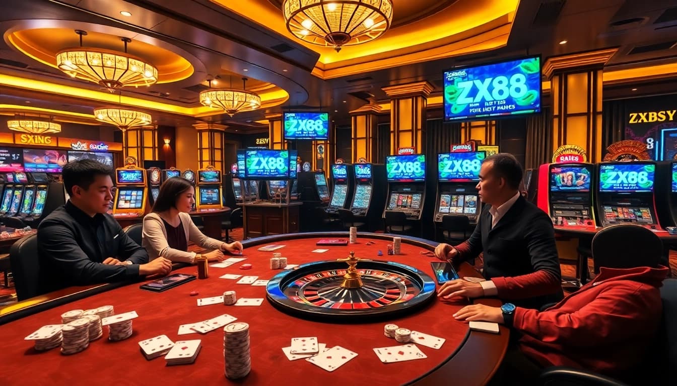 Engaged players at ZX88 online casino, showcasing poker, roulette, and high stakes betting.