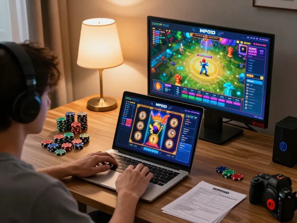 Player engaging with MPOID interactive slot game on a laptop at home, showcasing a strategic gaming session.