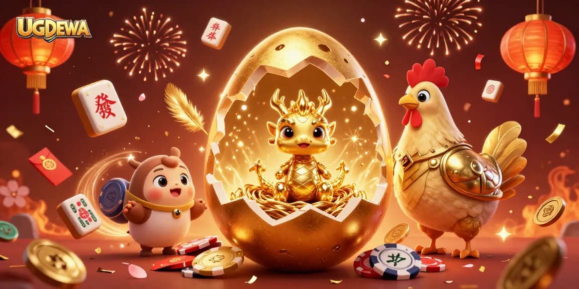 Experience UGDEWA's thrilling games with a shimmering golden dragon and vibrant casino elements.