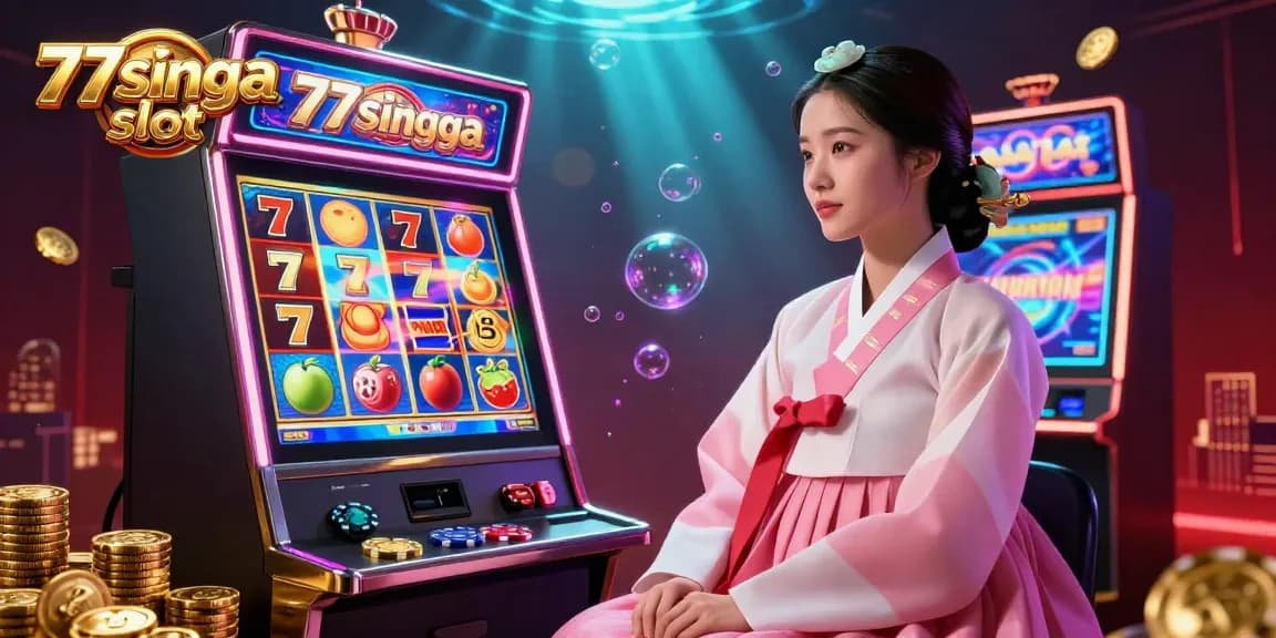 Rasakan kegembiraan slot 77singa dengan gulungan berputar yang penuh warna dan simbol jackpot dalam ilustrasi kasino yang menakjubkan.