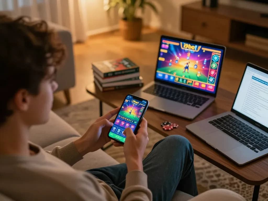 Player enjoying i9bet mobile app for online gaming, showcasing engaging betting options and a cozy home setting.