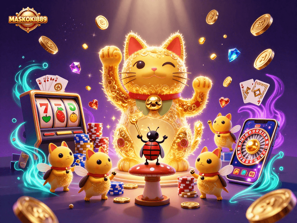 Experience the thrill of MASKOKI889 with a vibrant casino scene full of lucky symbols and winnings.