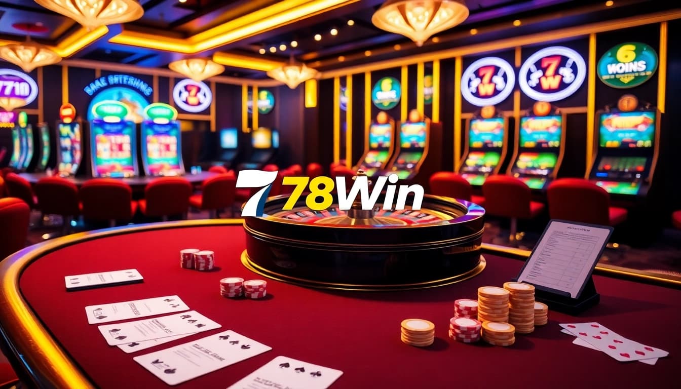 78Win online gaming experience with poker chips, cards, and slot machines.