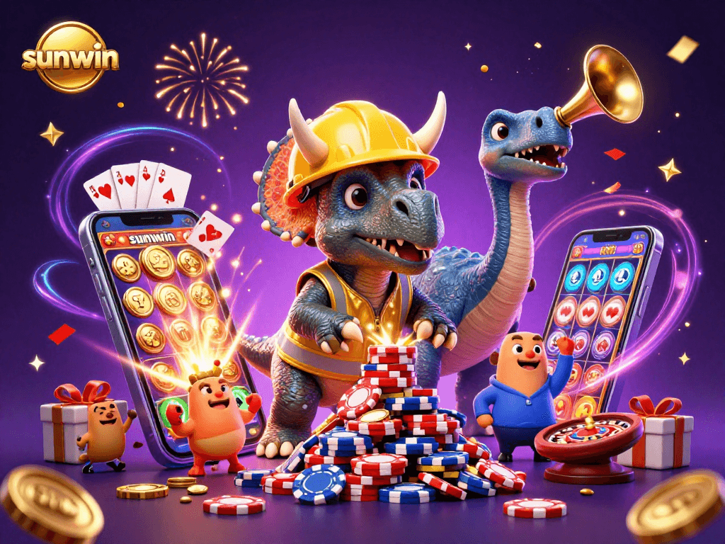 Experience excitement with sunwin's colorful slot games and vibrant celebrations in this 3D illustration.