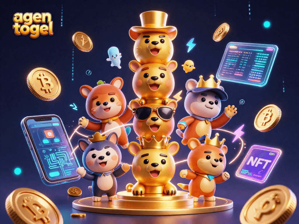 Engage with agen togel through a vibrant 3D scene featuring cartoon elements and cryptocurrency themes.