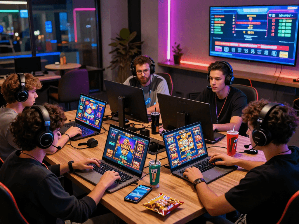 Engaged players experiencing rtp live in a vibrant gaming lounge with colorful slot graphics and devices.