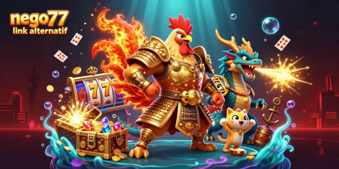 Experience seamless gaming with nego77 link alternatif, featuring vibrant online casino elements like slot reels.