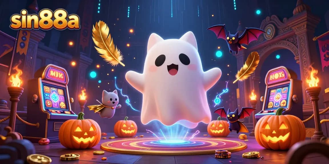 Experience thrilling gameplay at sin88a with a friendly ghost cat, floating in a haunted casino scene filled with vibrant elements.