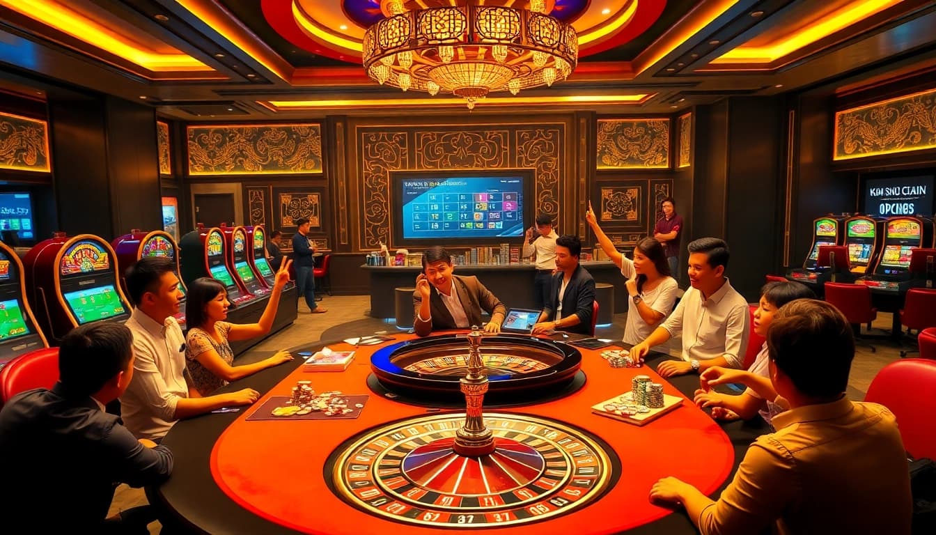 Kết quả xổ số hôm nay displayed in a vibrant casino scene with excited players at the tables.