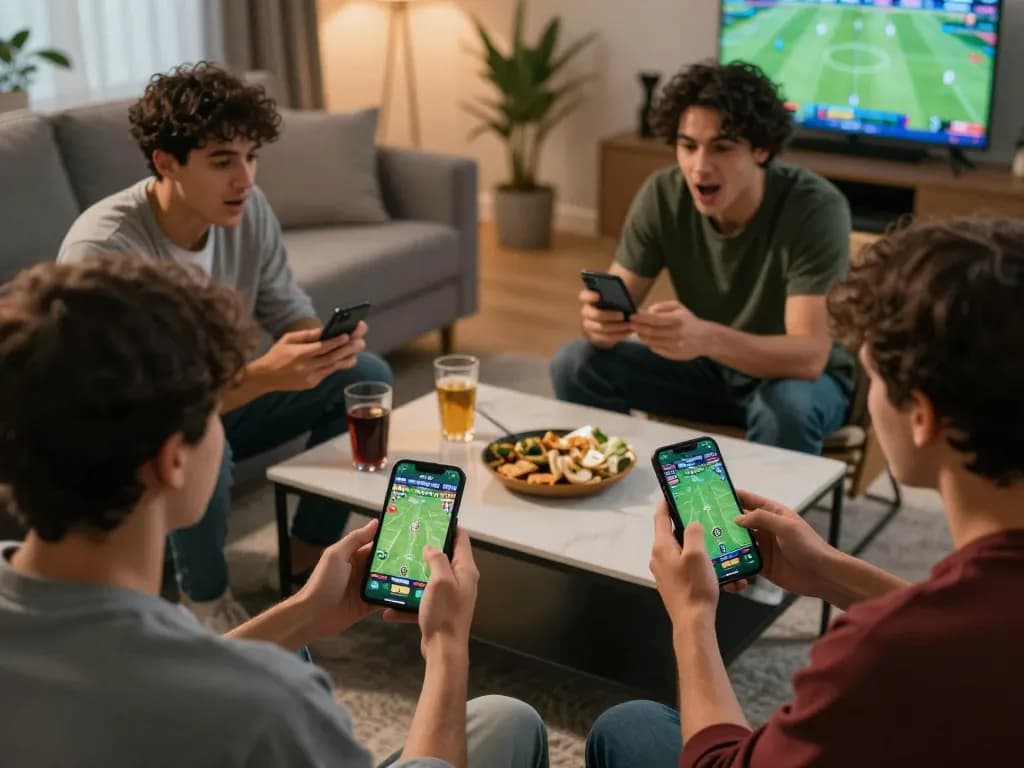Players actively placing bets on paris888, showcasing live sports betting on smartphones in a cozy setting.