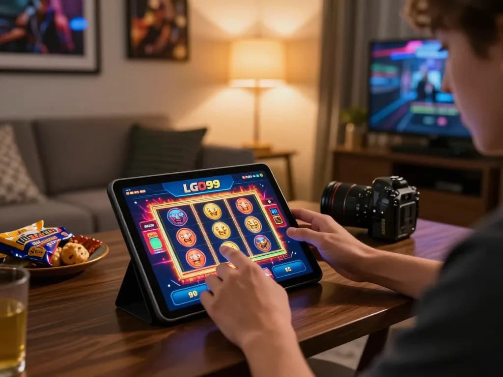LGO99 user engaging in dynamic online gaming experience with a tablet in a cozy living room.