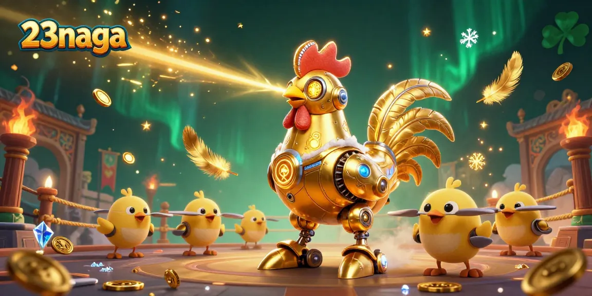 23naga menginspirasi dengan ilustrasi berkualitas tinggi robot ayam emas dalam arena perjudian.