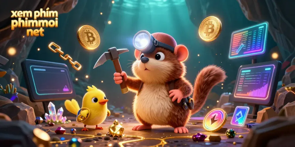Experience the vibrant energy of xem phim phimmoi net with a treasure hunter mole amidst glowing crypto elements.