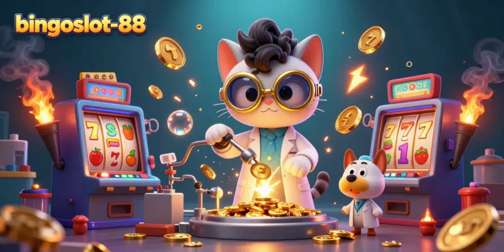 Menangkan permainan dengan bingoslot-88 dalam ilustrasi 3D yang menampilkan kucing ilmuwan gila menciptakan mesin koin emas.