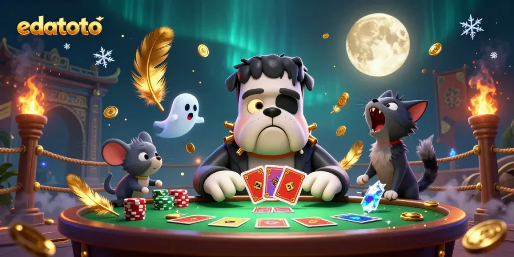 Engage with edatoto's thrilling casino scene featuring a Frankenstein bulldog and spooky elements.