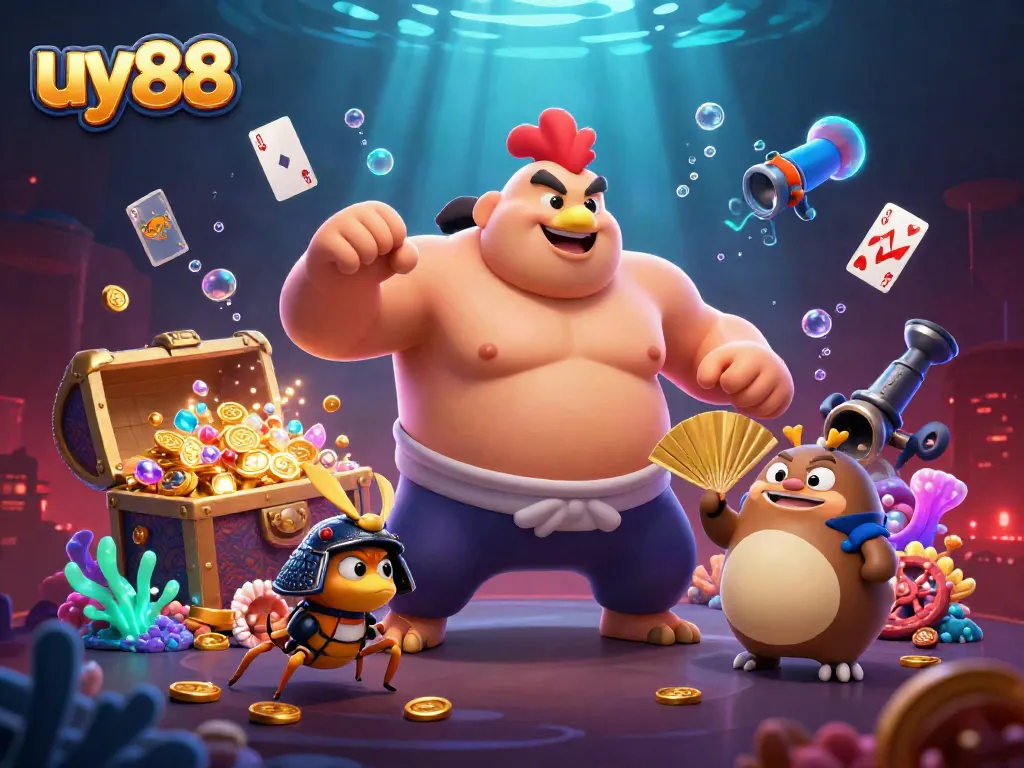 Experience big wins at uy88 with the powerful sumo rooster and fierce cricket in this vibrant dynamic scene.