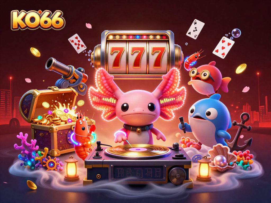 Experience KO66 excitement in this vibrant 3D casino scene with dynamic characters and slot elements.