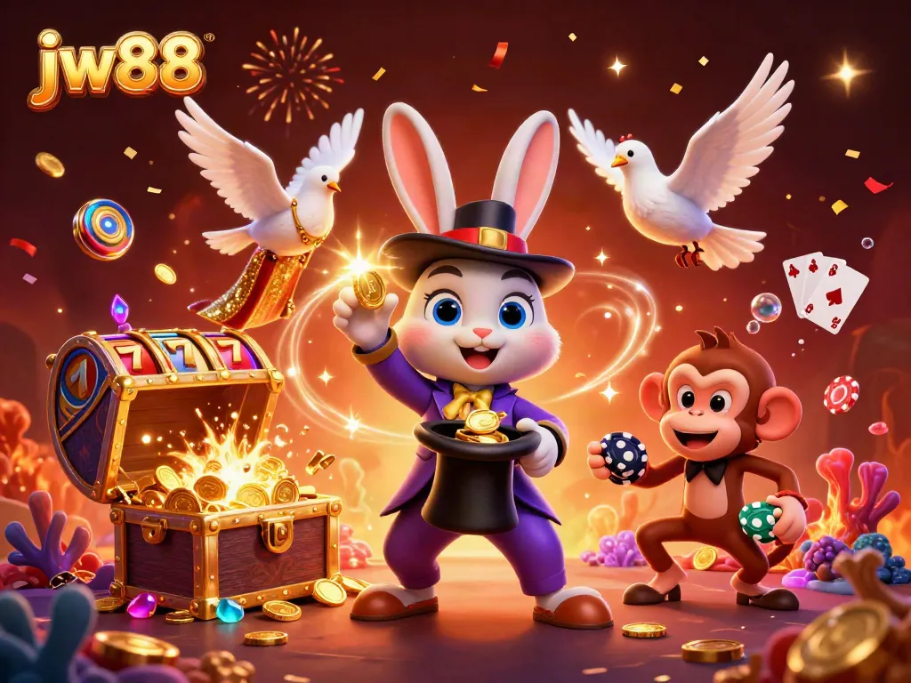 Experience gaming magic with jw88's captivating scene featuring whimsical characters and vibrant casino elements.