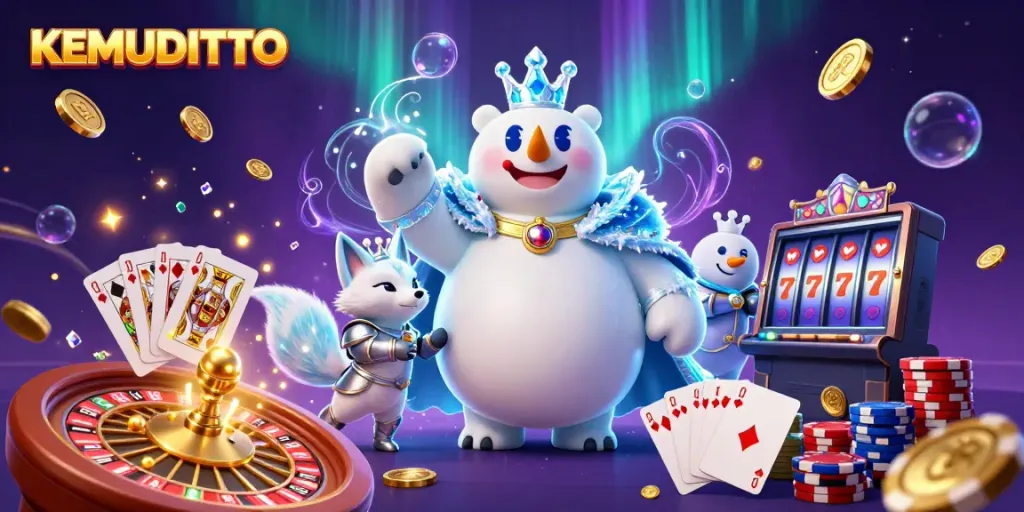 KEMUDITOTO menampilkan raja kutub kartun dan rubah salju beraksi di dunia slot yang megah.