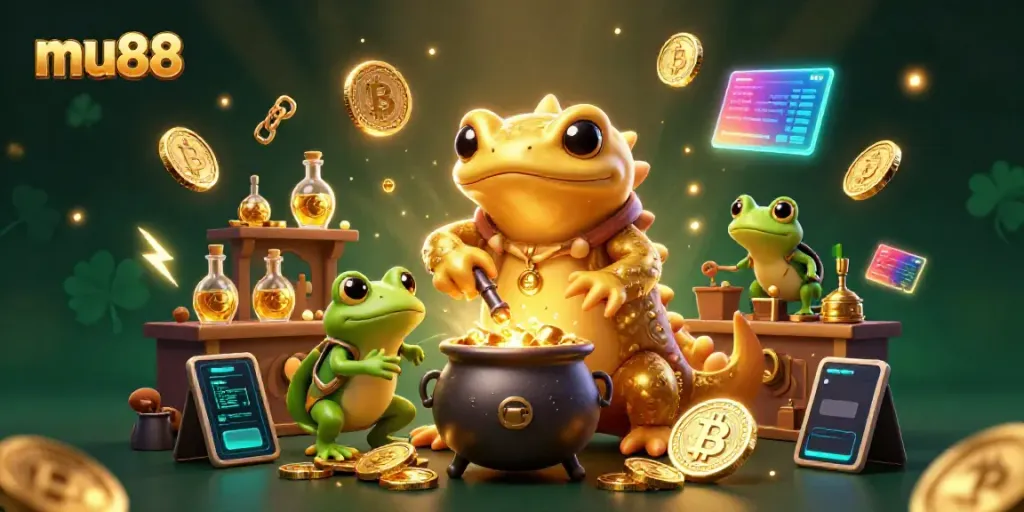 Experience the magic of mu88 with a golden salamander alchemist and digital riches in a mythical casino setting.