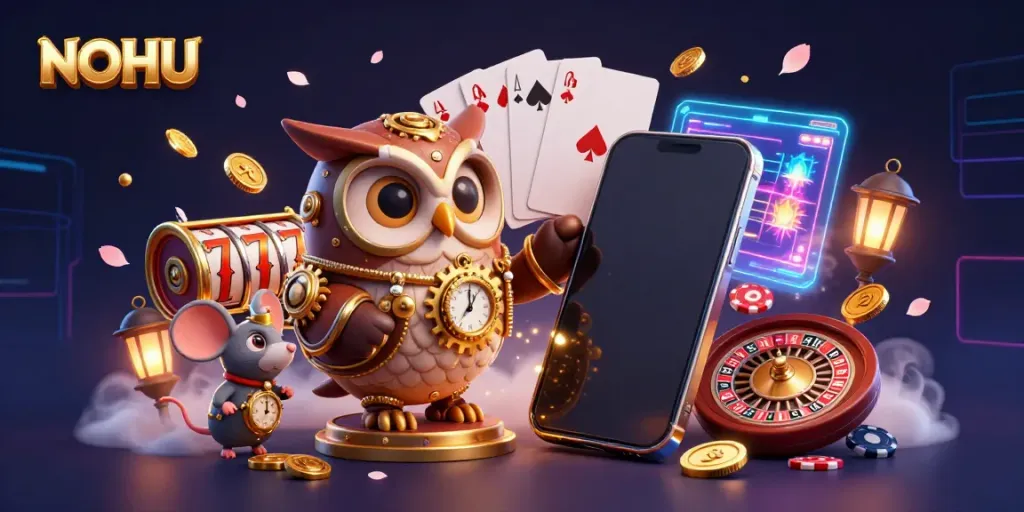 Experience thrilling jackpot moments at NOHU with vibrant 3D Casio characters and slot game elements.
