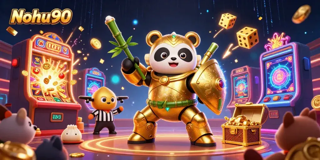 Experience the excitement of Nohu90 with a golden panda mech in a vibrant casino setting