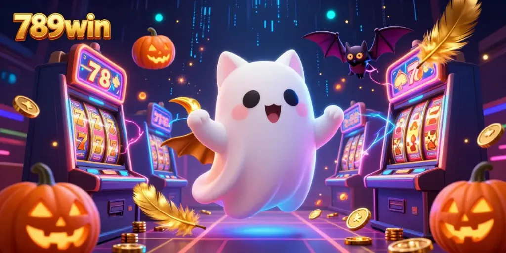 Experience thrilling gameplay at 789win as the ghost cat floats through a vibrant casino scene.