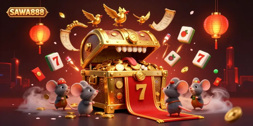 Experience the excitement of SAWA888 with a vibrant illustration of a golden treasure chest and playful elements that captivate players.