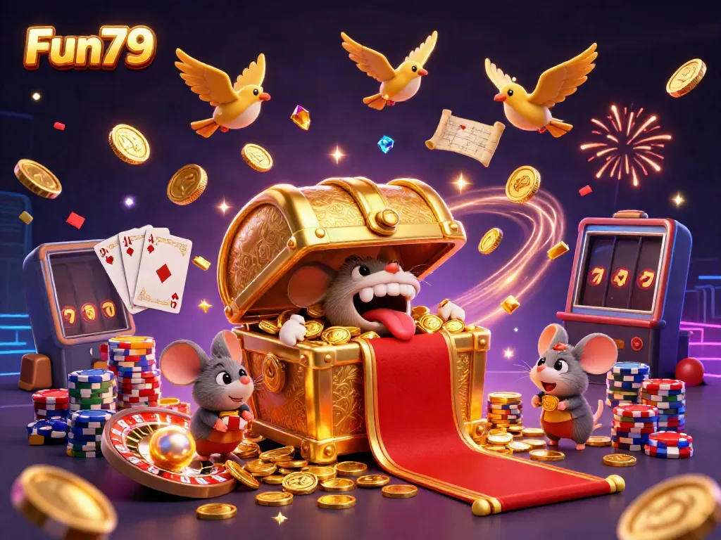 Experience the excitement of Fun79 with this captivating 3D gaming illustration featuring a treasure theme and dynamic casino elements.
