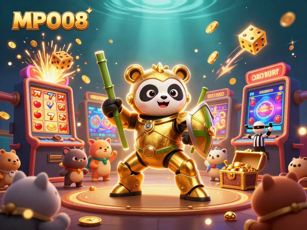 MPO08 captivates players with an engaging 3D casino scene featuring a golden panda battling in a colorful slot machine arena