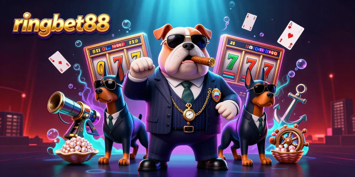 Win big with ringbet88 in this vibrant, dynamic casino-inspired scene featuring a mafia boss and his bodyguards.