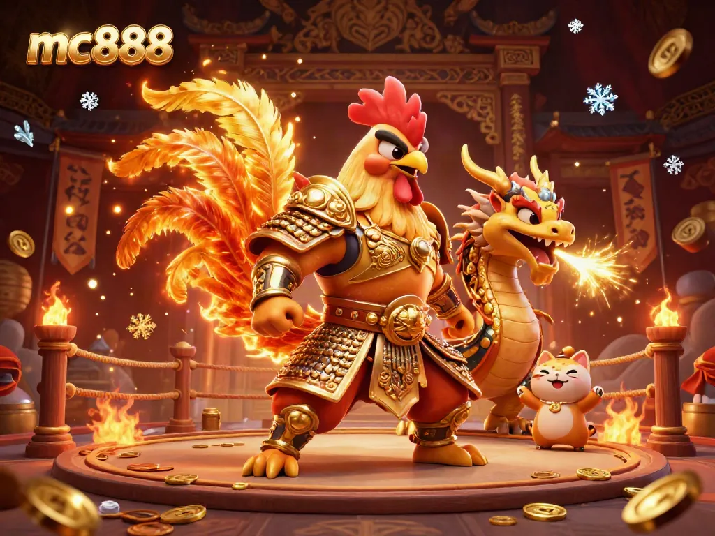 Permainan menegangkan di MC888 dengan ayam jantan berarmor berkilau dan naga bernafas api di latar belakang, simbol keberuntungan dan emas bersinar.