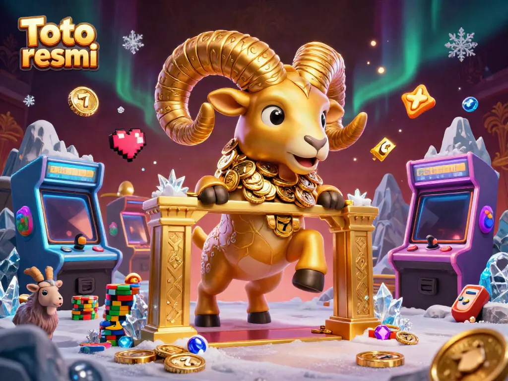 Gambar menarik dari Toto resmi dengan ram emas dan mesin permainan penuh warna di latar belakang.