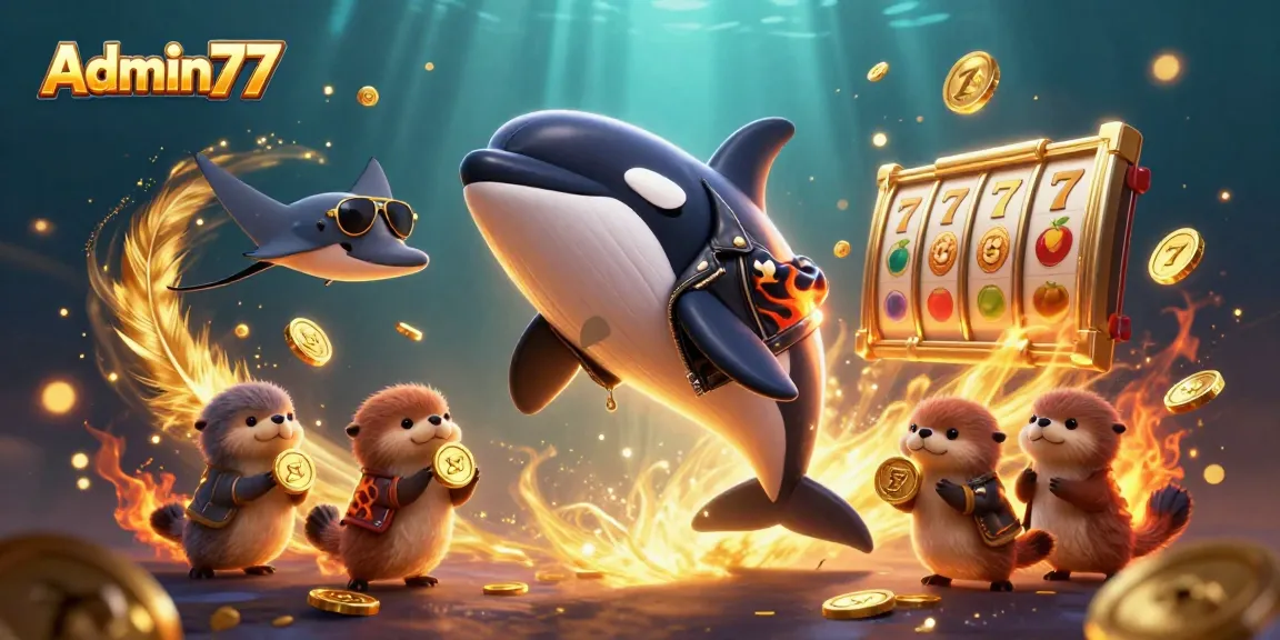 Win big with Admin77 in this immersive casino scene featuring a dynamic cartoon orca and otter family.