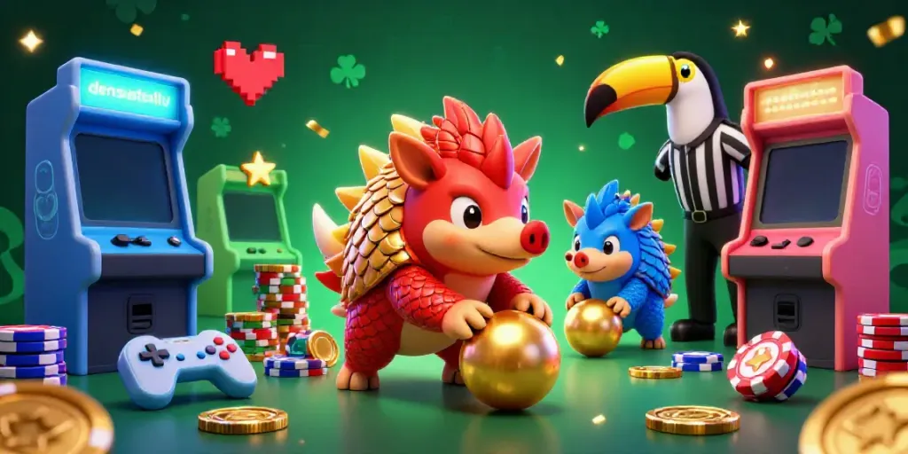 Play exciting games at densustotolv with animated pangolins rolling bowling balls amidst poker chips.