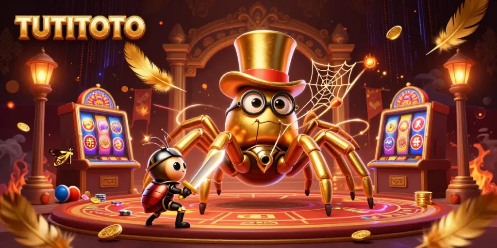 TUTITOTO enhances excitement as a golden tarantula weaves casino elements in a vibrant scene.