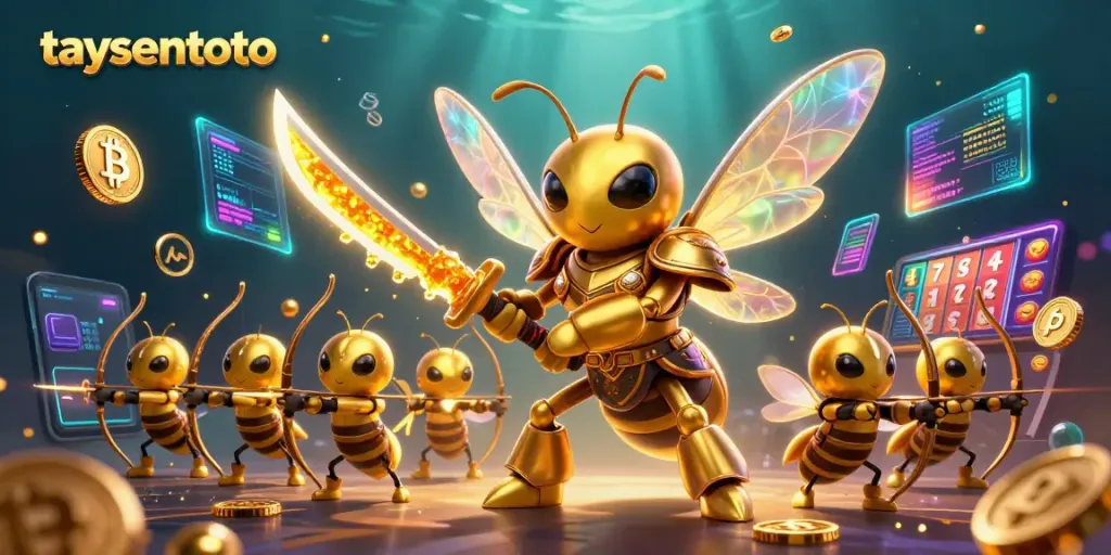 Engage with the vibrant taysentoto casino scene featuring a golden hornet samurai amid crypto elements.