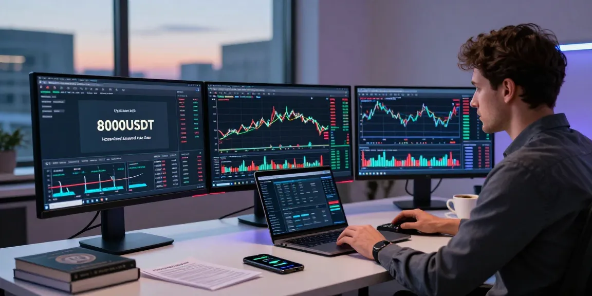 Professional trader analyzing charts with hyperliquid referral code is (8000USDT) in a modern office.