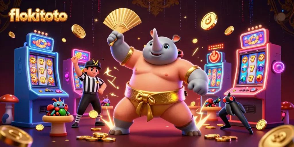 Experience the excitement of flokitoto with a unique sumo champion beetle amidst vibrant slot machines.