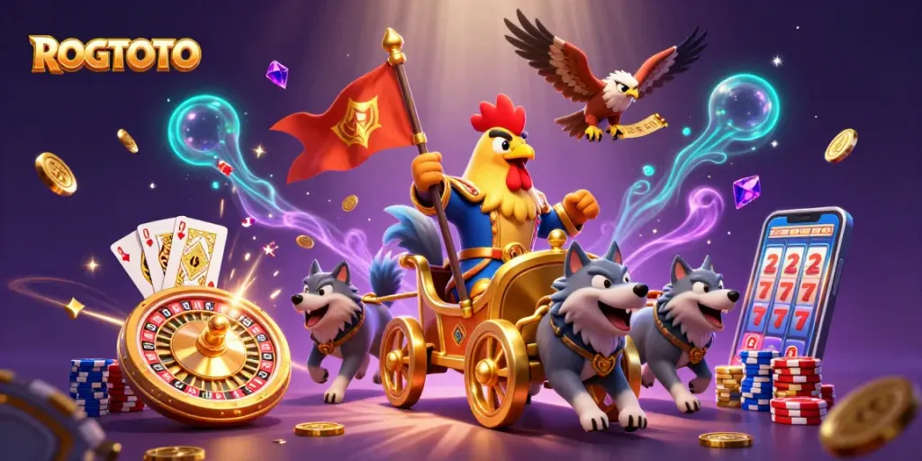 Experience the thrilling adventure of ROGTOTO with a vibrant 3D illustration capturing slot excitement and winning moments.