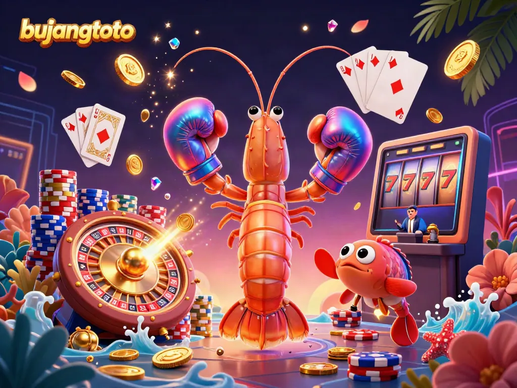 Bujangtoto showcases dynamic online gaming scene with vibrant characters and rich casino elements.