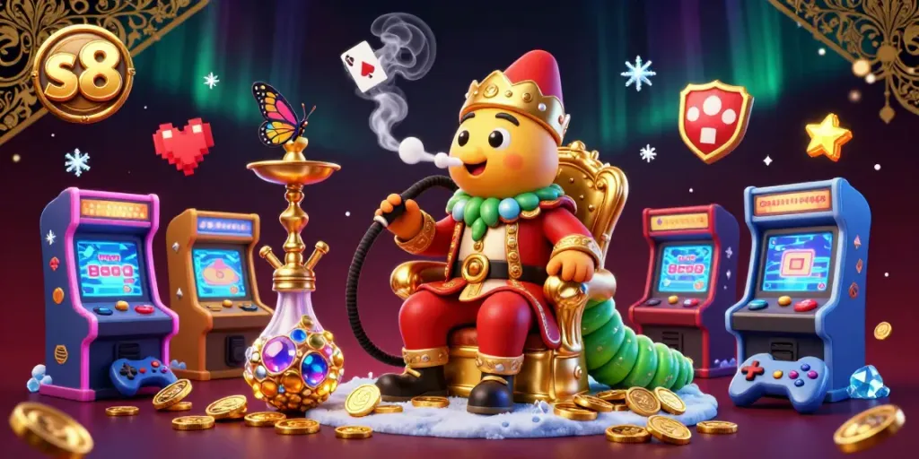 Experience the thrill of s8 with gold coins and poker action in a vibrant casino scene.