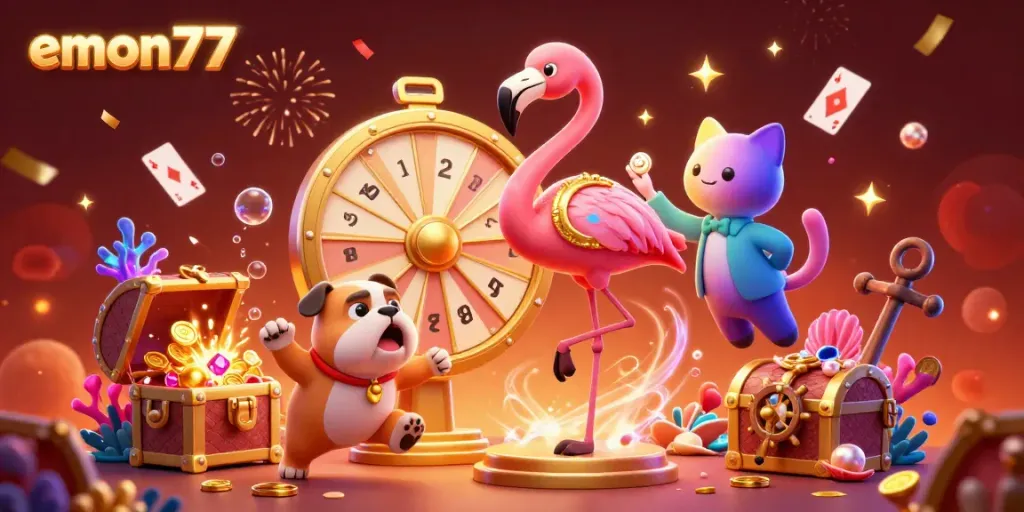 Experience the thrill of emon77 with a colorful 3D game show scene featuring a flamingo host, animated bulldog, and scoreboard cat.