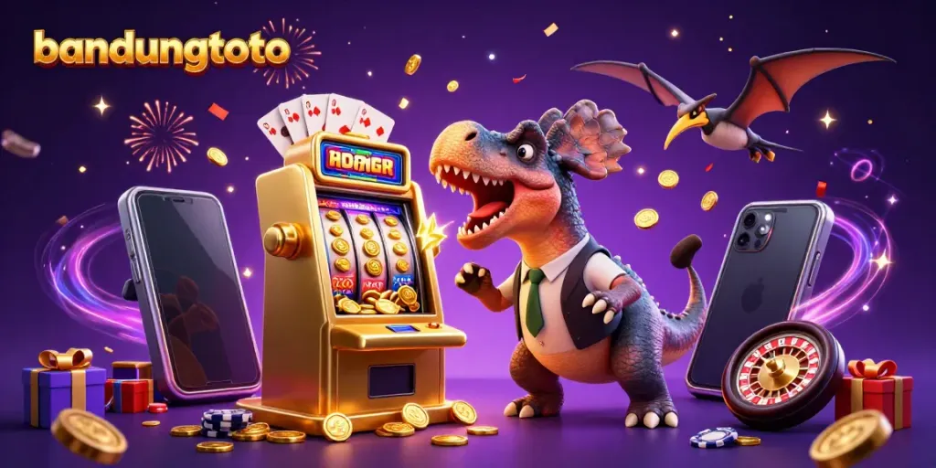 Join the fun at bandungtoto with stellar 3D illustration featuring a pachycephalosaurus, jackpot slot machine, and flying coins.