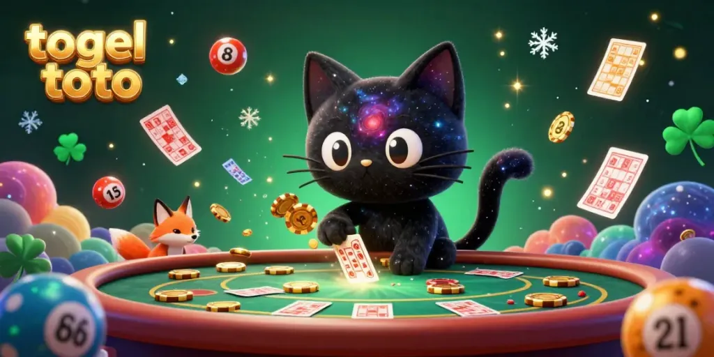 Menangkan togel toto dengan ilustrasi kucing hitam berbintang dan bola undian dalam kasino.