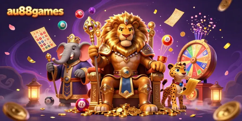 Exciting gaming scene with au88games showcasing a lion king, elephant advisor, and cheetah in a vibrant casino setting.