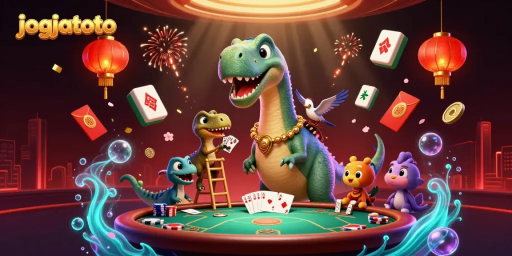 Engage in gameplay excitement at jogjatoto with towering dinosaur and dynamic poker scene.
