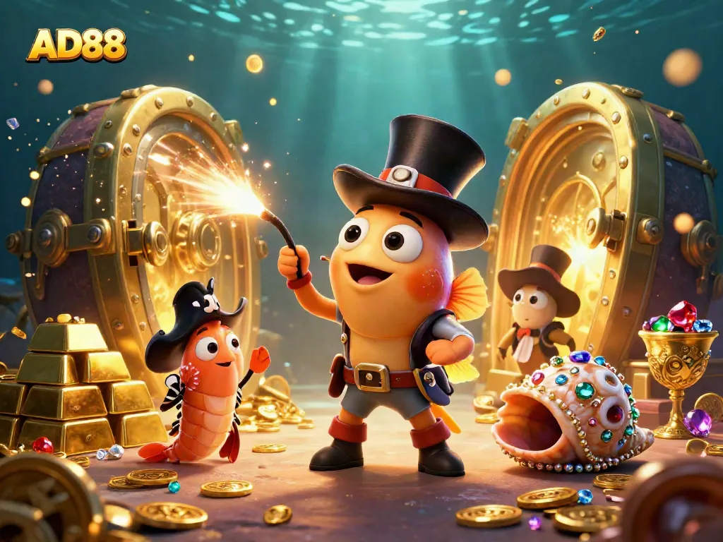 Win big with AD88 as the anglerfish lures coins amidst vibrant underwater treasures.