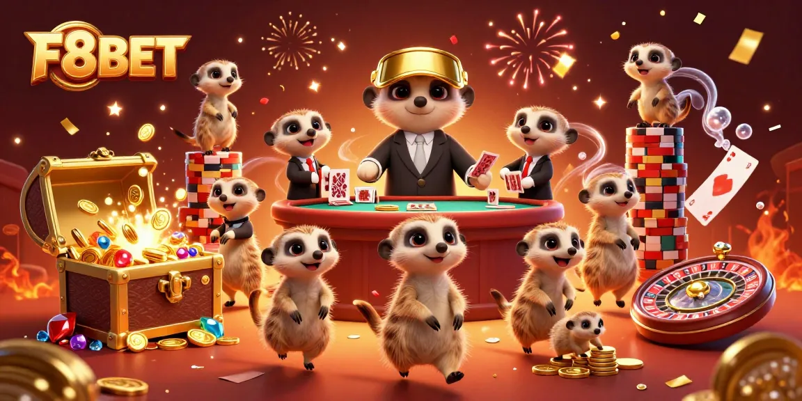 F8BET meerkats managing a vibrant casino scene, showcasing exciting games and rich colors.